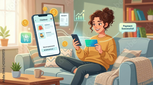 Woman shopping online with secure digital payment, sitting on sofa at home