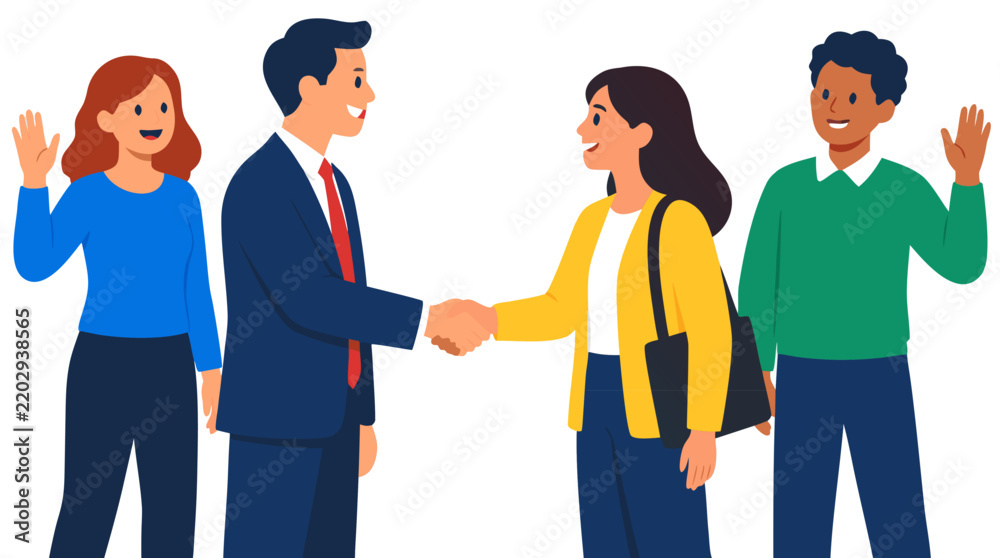 Fototapeta premium Corporate welcome scene with manager shaking hands warmly with new female employee while two diverse coworkers wave in friendly greeting modern flat vector illustration business onboarding team
