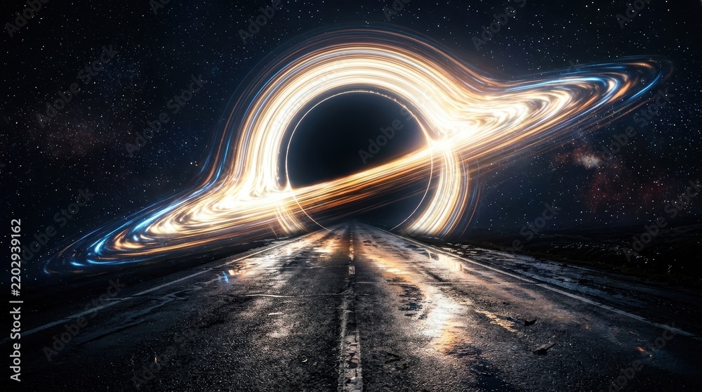 Obraz premium Cinematic Digital Art of a Massive Black Hole with Glowing Accretion Disk Hovering Over a Wet Asphalt Road at Night
