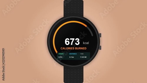 Digital smartwatch screen showcasing essential fitness metrics, prominently displaying total calories burned, steps taken, and distance covered with an active progress ring