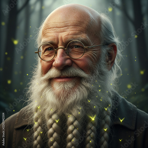 Elderly man with glasses and braided beard smiling warmly in a mystical forest setting with fireflies
