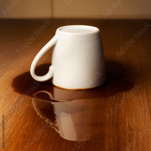 White ceramic mug with gold rim placed on wooden table showing reflection of spilled liquid