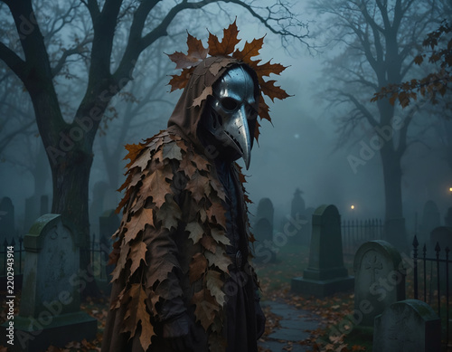 Costumed raven-like figure with leaf armor standing in foggy cemetery at dusk