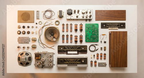 Vintage tube amplifier components and circuit board parts arranged for electronics repair or restoration