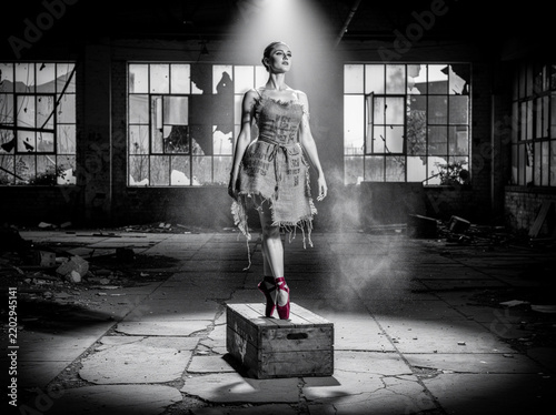 Woman in distressed fabric dress standing on wooden crate in abandoned industrial warehouse