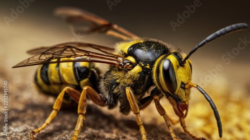 Close up macro shot of a yellow jacket wasp on a wooden surface.