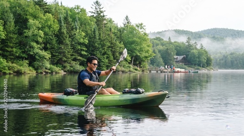 Man paddling a kayak on a forest lake. Kayaking, water recreation and paddle sports.