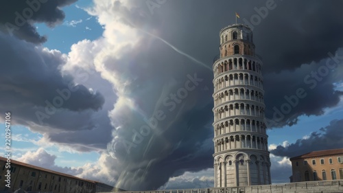 The Leaning Tower of Pisa under a dramatic stormy sky in Italy.