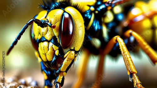 Extreme close up of a yellow jacket wasp head showing detailed texture and compound eyes.