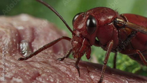 Extreme macro close-up of a red beetle crawling on a piece of raw meat.
