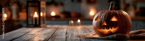 Rustic kitchen table with carved pumpkin and candlelight creating warm Halloween atmosphere for seasonal decoration