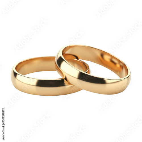 Two gold wedding rings intertwined symbol of love and commitment isolated on transparent.