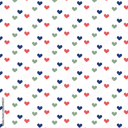 Seamless repeating pattern featuring small scattered red, blue, and green hearts on a clean white background.