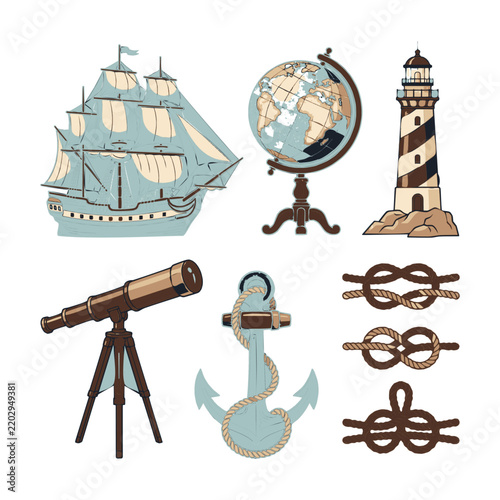 Vintage columbus day nautical set featuring ship and navigation icons