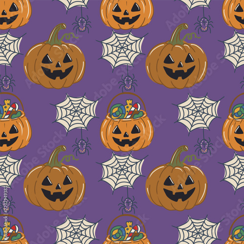 Halloween festive vector background, hand drawn seamless pattern with pumpkins and spider web perfect for spooky season design.