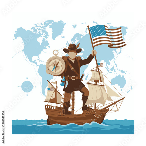 Columbus day explorer on ship with american flag and world map