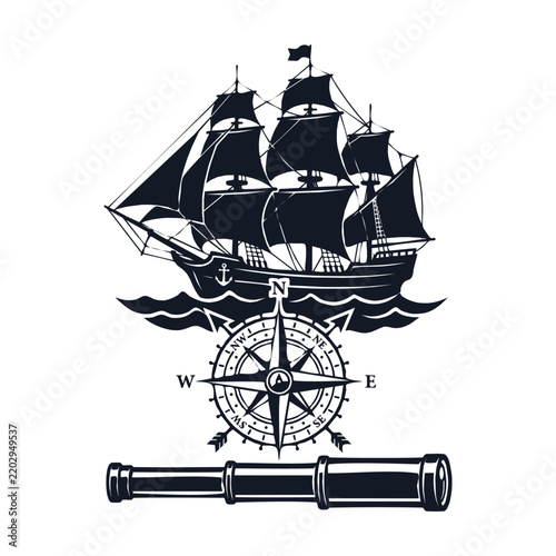 Columbus day vintage sailing ship and nautical compass illustration