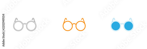 Three variations of eyeglasses in outline line art and solid color styles