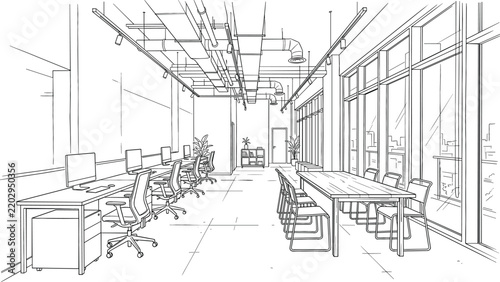 Obraz na plátně Modern open plan coworking office workspace line art vector illustration with co
