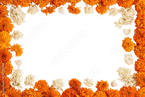 Elegant floral border with orange marigolds and white flowers for cultural or religious event backgrounds