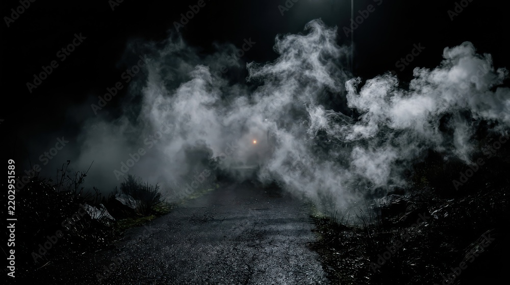Fototapeta premium Cinematic Dark Night Road with Thick White Smoke and Steam Rising from Asphalt, Eerie Mysterious Atmosphere