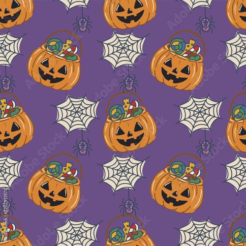 Halloween festive vector background, hand drawn seamless pattern with pumpkins and spider web perfect for spooky season design.
