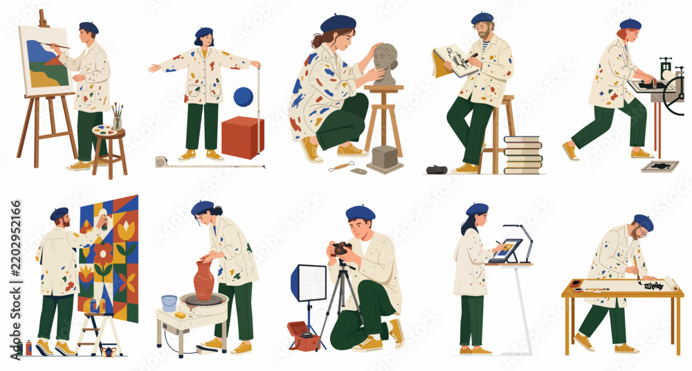 Fototapeta premium Collection of diverse artists and creative professionals engaged in various crafts such as painting, sculpting, pottery, photography, and digital design.