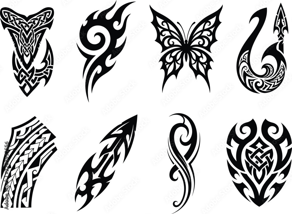 Fototapeta premium Tribal Tattoo Vector Set with Black Polynesian, Celtic, and Abstract Flame Symbols for Body Art and Creative Design Projects