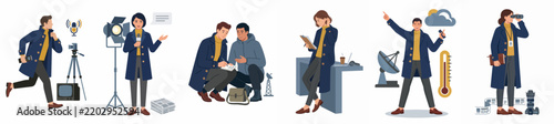 фотографія Set of flat vector illustrations of media professionals and journalists in various working situations, including reporting, interviewing, filming, and photojournalism