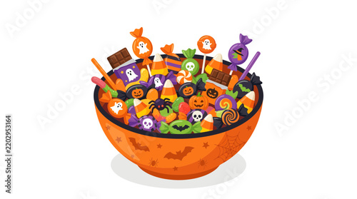 Cartoon Halloween Candy Bowl Filled with Spooky Treats and Sweets on Orange Background