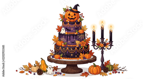 Three-Tiered Halloween Cake with Pumpkin Topper and Candelabra Illustration