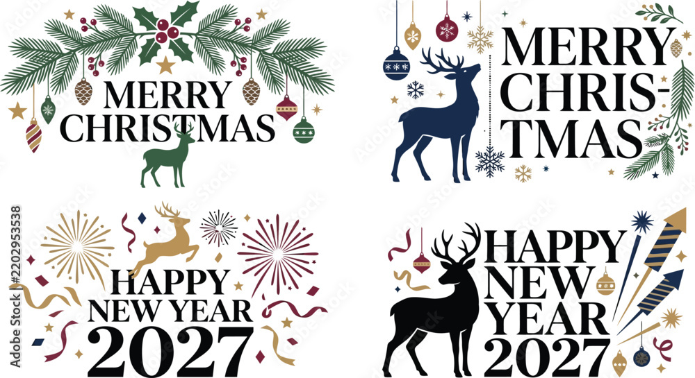 Fototapeta premium A festive collection of holiday greetings merry christmas and happy new year 2027 celebrations with elegant deer designs