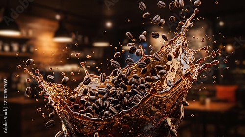 Flying roasted coffee beans and splashing espresso in mid air