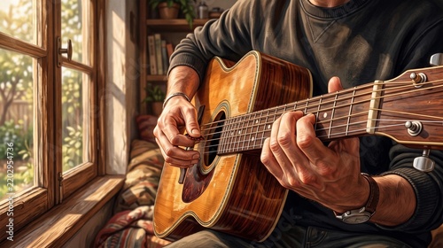 Close up of hands playing an acoustic guitar by a window