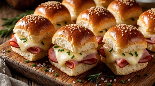Delicious ham, cheese sliders on wooden board. Mini sandwiches with melted swiss cheese, pink ham inside sweet hawaiian buns. Topped with sesame seeds, fresh chives. Tasty party finger food served