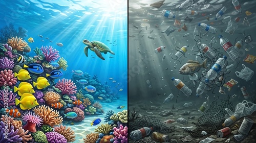 Underwater view of a clean ocean divided from plastic waste