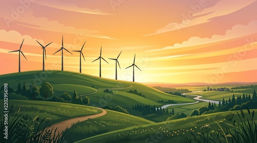 Silhouette of wind turbines generating clean energy at sunset