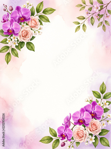 Watercolor Purple Orchid Pink Rose Floral Border Frame Wedding Invitation Background