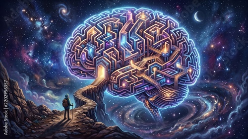 Person looking at a complex mental maze finding a solution