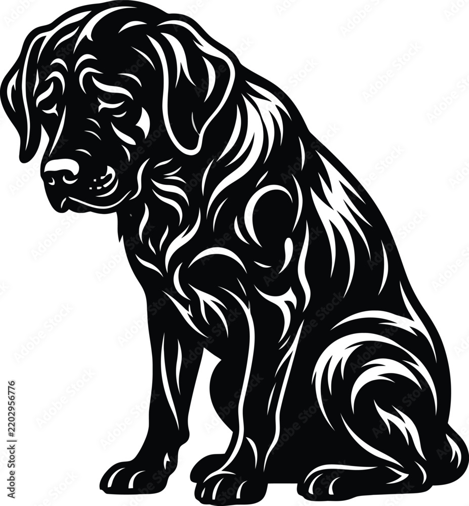Obraz premium A striking black and white silhouette of a majestic newfoundland dog in a seated pose conveying loyalty