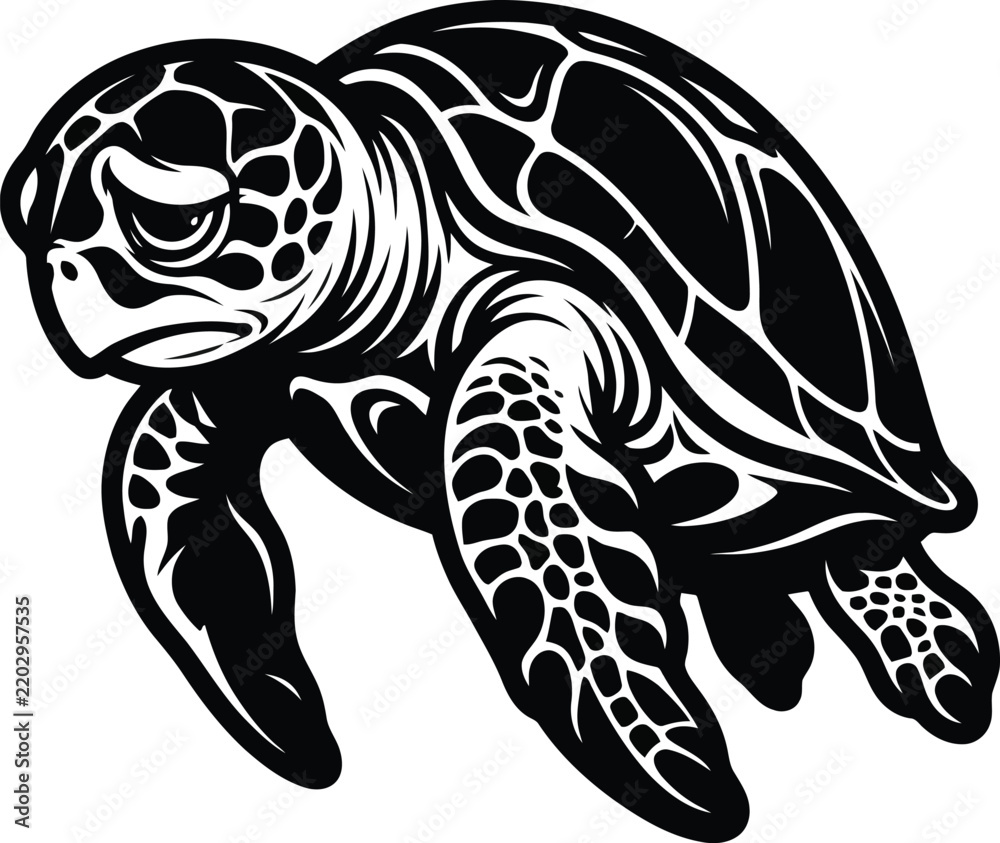 Fototapeta premium A striking black and white silhouette of a sea turtle gracefully swimming showcasing its detailed shell and flippers