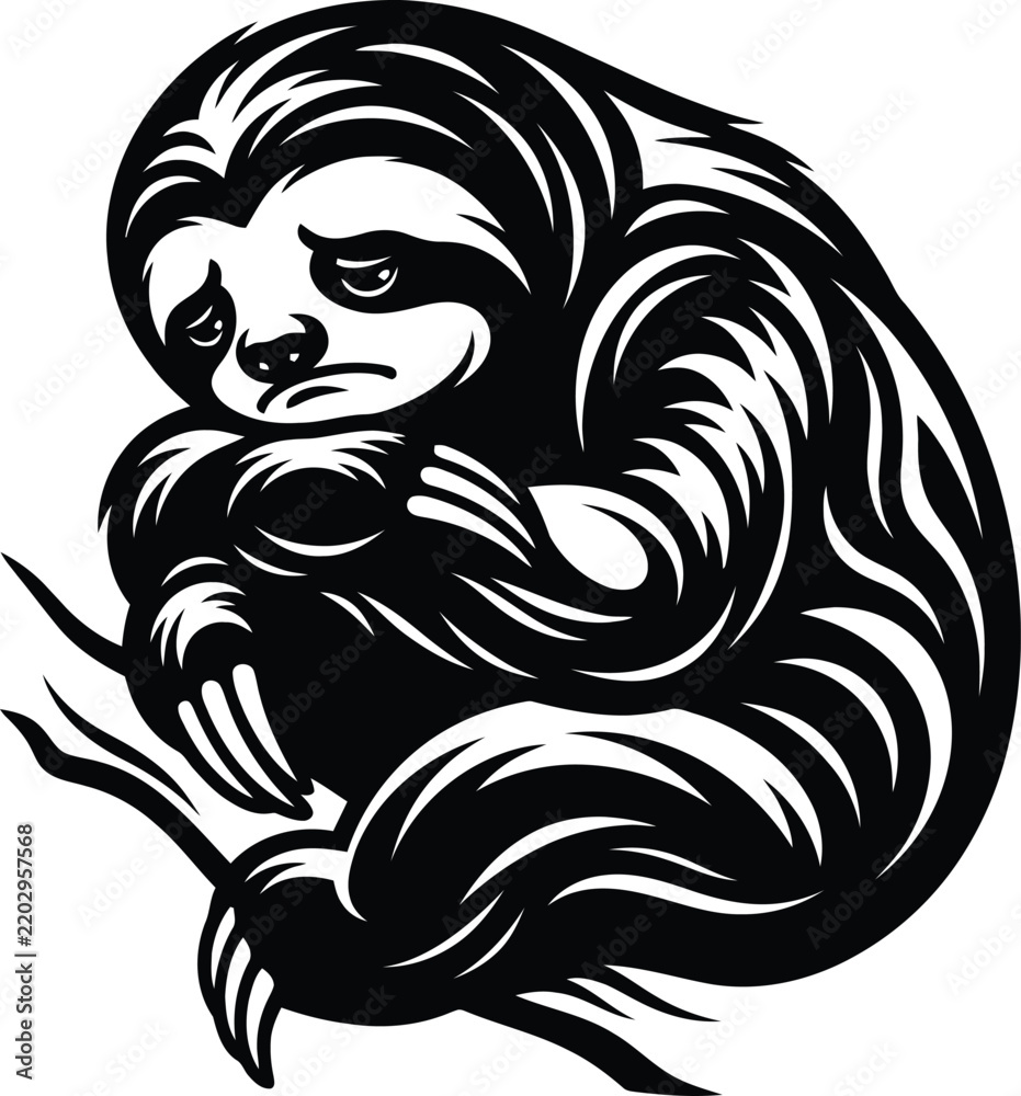 Fototapeta premium A striking black and white silhouette of a charming sloth clinging to a branch showcasing its peaceful nature