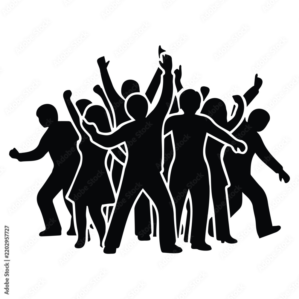 Fototapeta premium Active crowd cheering vector silhouette illustration of party people celebrating together.