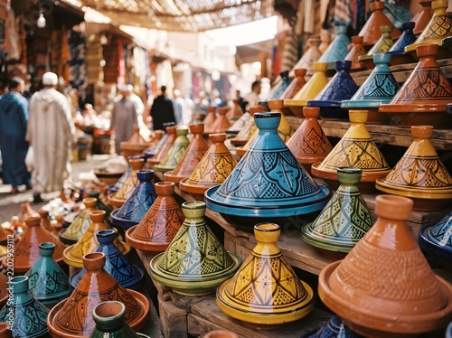 Traditional colorful Moroccan tagines at an outdoor medina market