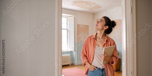 Young woman inspecting water damage on ceiling in empty house. Female homeowner holding notebook looking at roof leak. Property inspection and home renovation planning