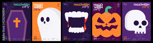 Simple geometric illustrations set of Halloween with coffin, ghost, vampire teeth, pumpkin, skull. Minimalist holiday collection. Modern design for card, poster, cover, invitation, flyer, banner