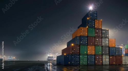 Illuminated Shipping Containers Stacked in Misty Night Port Terminal