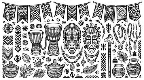 African Festival Decoration and Ornament Outline Icon Collection