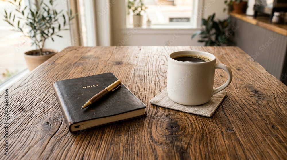 Obraz premium Cozy morning coffee, notebook, and pen on wooden table, plant background