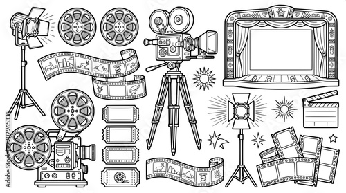 African Cinema Black and White Outline Vector Icon Collection